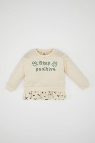 Kız Bebek Bisiklet Yaka Baskılı İçi Yumuşak Tüylü Sweatshirt