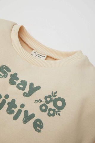 Kız Bebek Bisiklet Yaka Baskılı İçi Yumuşak Tüylü Sweatshirt