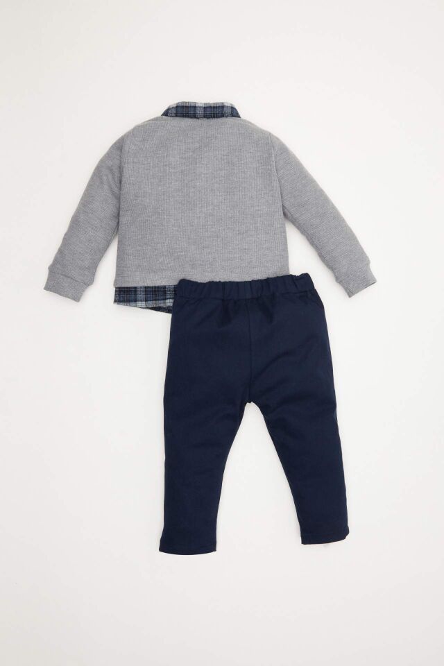 Erkek Bebek 2'li Takım Gömlek Yaka Selanik Kumaş Sweatshirt Beli Lastikli Pantolon