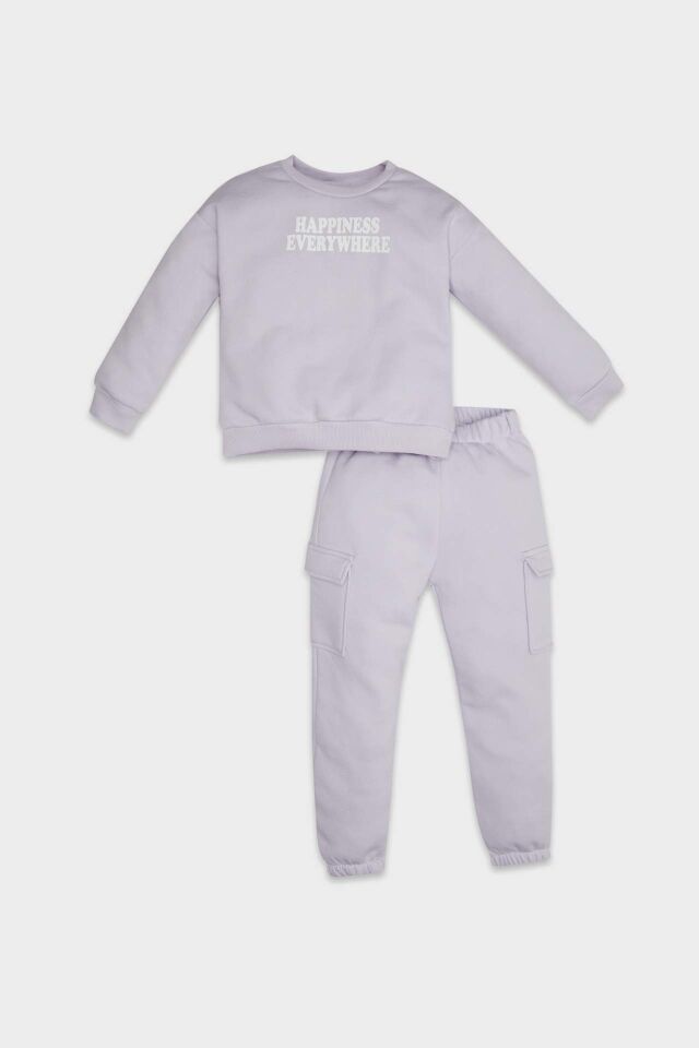 Kız Bebek 2'li Takım Baskılı Kalın Sweatshirt Beli Lastikli Jogger Eşofman Altı