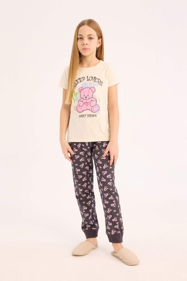 Kız Çocuk Pijama Takımı Bisiklet Yaka Baskılı Kısa Kollu Üst Beli Lastikli Desenli Alt