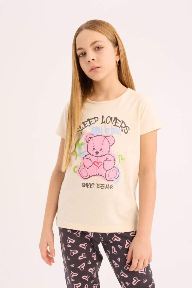 Kız Çocuk Pijama Takımı Bisiklet Yaka Baskılı Kısa Kollu Üst Beli Lastikli Desenli Alt