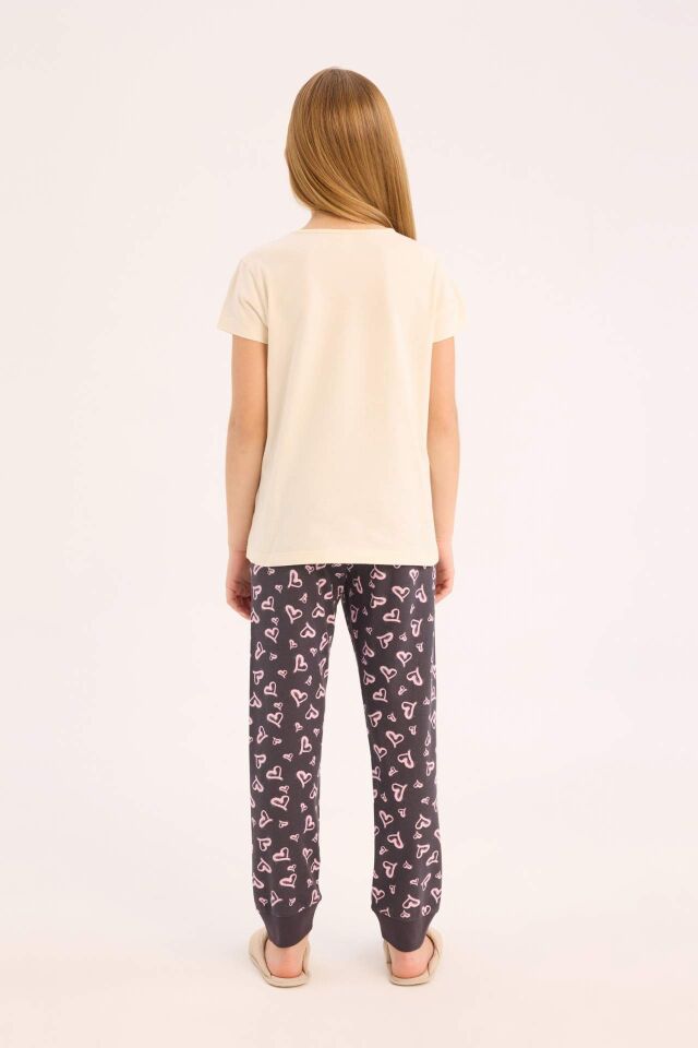 Kız Çocuk Pijama Takımı Bisiklet Yaka Baskılı Kısa Kollu Üst Beli Lastikli Desenli Alt