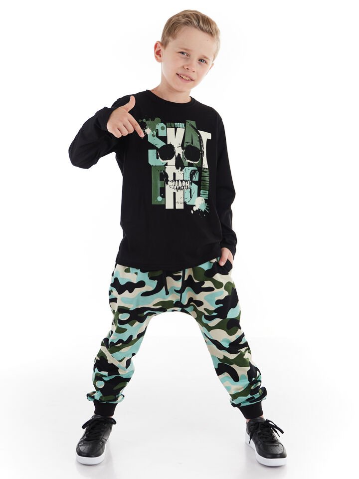 Skate Kamuflaj Erkek Çocuk T-shirt Pantolon Takım 8 Y - Siyah, Haki