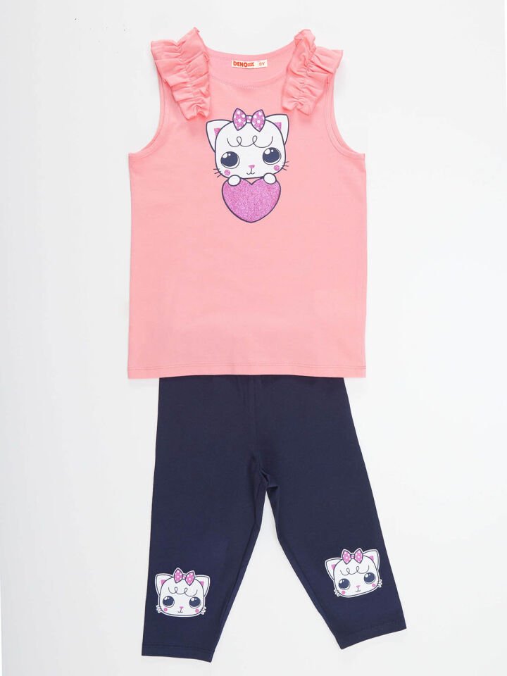 Kedicik Kız Çocuk T-shirt Tayt Takım 3 Y - Pembe, Lacivert