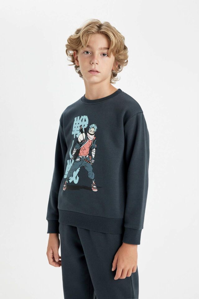 Erkek Çocuk 2'li Takım Bisiklet Yaka Baskılı Sweatshirt Beli Lastikli Eşofman Altı
