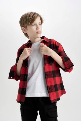 Erkek Çocuk Oversize Geniş Kalıp Polo Yaka Pamuklu Uzun Kollu Kareli Gömlek