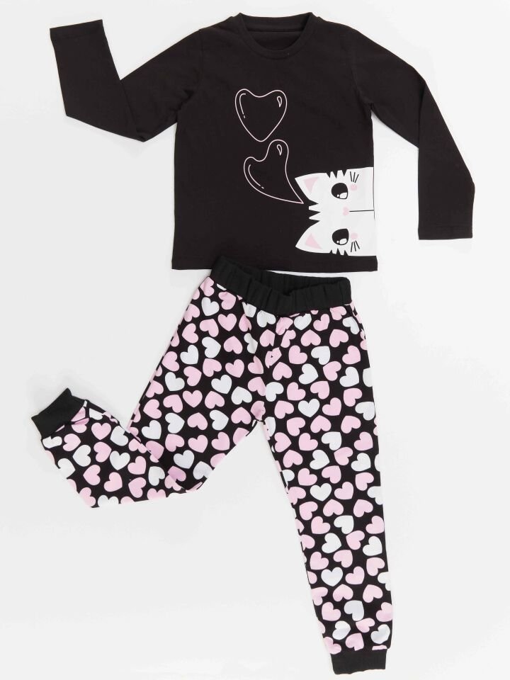 Kalpli Kedi Kız Çocuk T-Shirt Pantolon Takım 7 Y - Siyah, Pembe