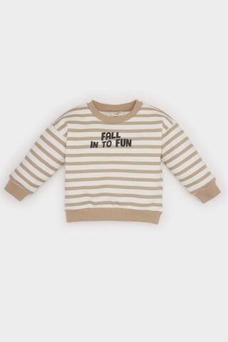 Erkek Bebek Bisiklet Yaka Baskılı İçi Yumuşak Tüylü Çizgili Sweatshirt