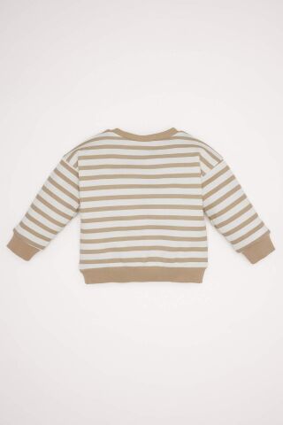 Erkek Bebek Bisiklet Yaka Baskılı İçi Yumuşak Tüylü Çizgili Sweatshirt