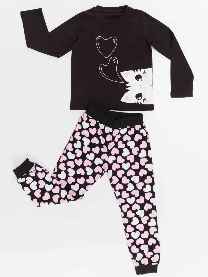 Kalpli Kedi Kız Çocuk T-Shirt Pantolon Takım 8 Y - Siyah, Pembe