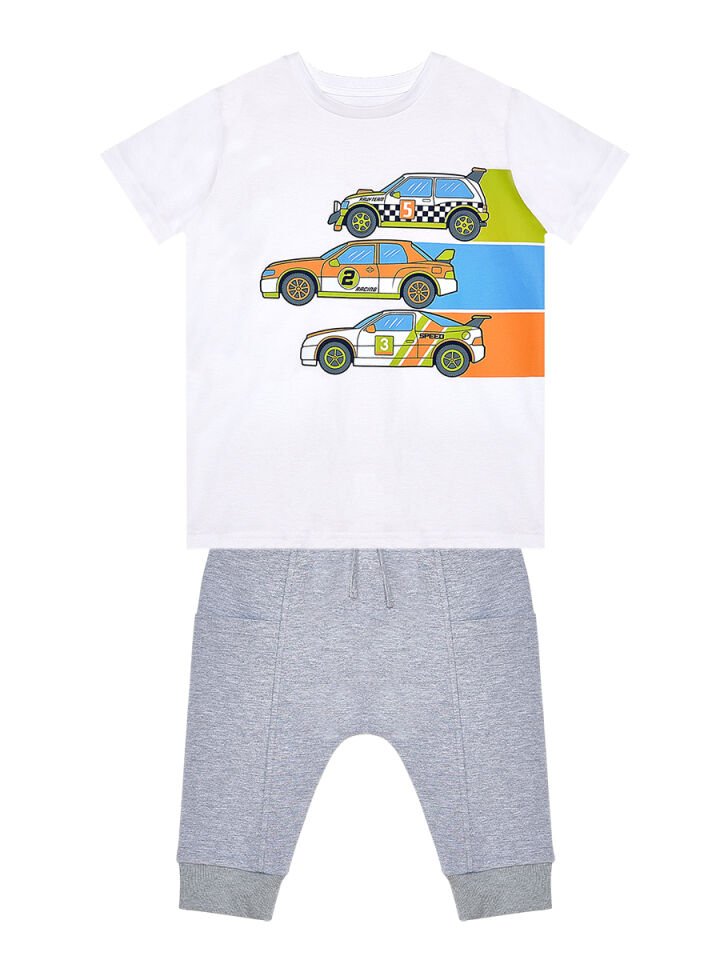 Yarışçı Erkek Çocuk T-shirt Kapri Şort Takım 8 Y - Beyaz, Gri