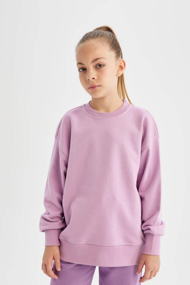 Kız Çocuk Lila Relax Fit Bisiklet Yaka Pamuklu Basic Düz Okul Sweatshirt