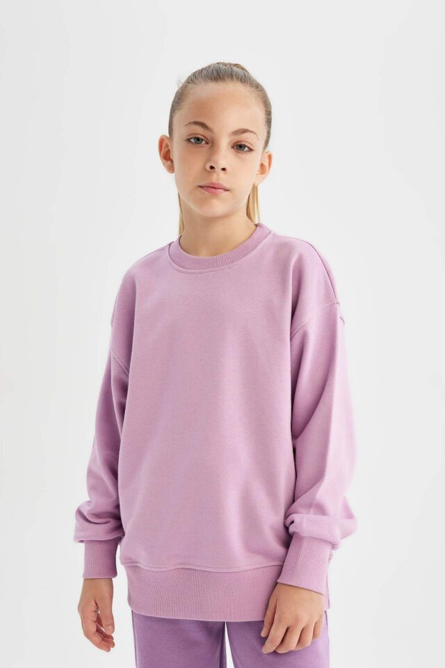 Kız Çocuk Lila Relax Fit Bisiklet Yaka Pamuklu Basic Düz Okul Sweatshirt