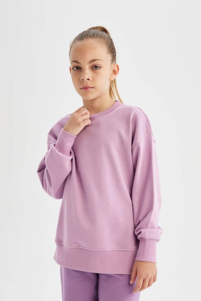Kız Çocuk Lila Relax Fit Bisiklet Yaka Pamuklu Basic Düz Okul Sweatshirt