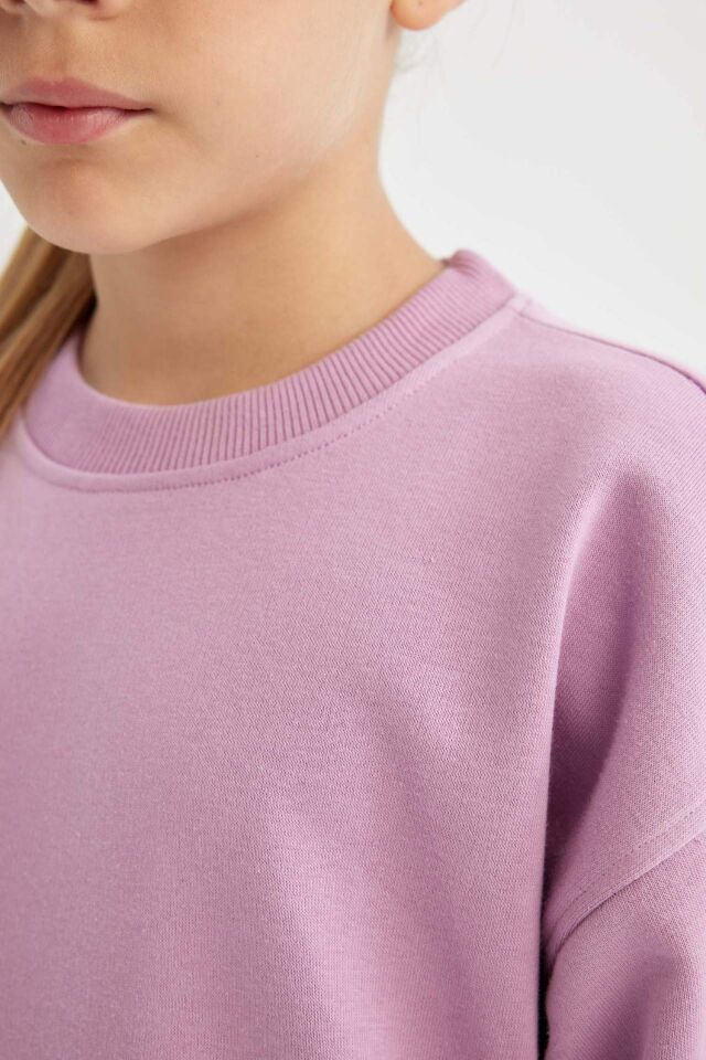 Kız Çocuk Lila Relax Fit Bisiklet Yaka Pamuklu Basic Düz Okul Sweatshirt