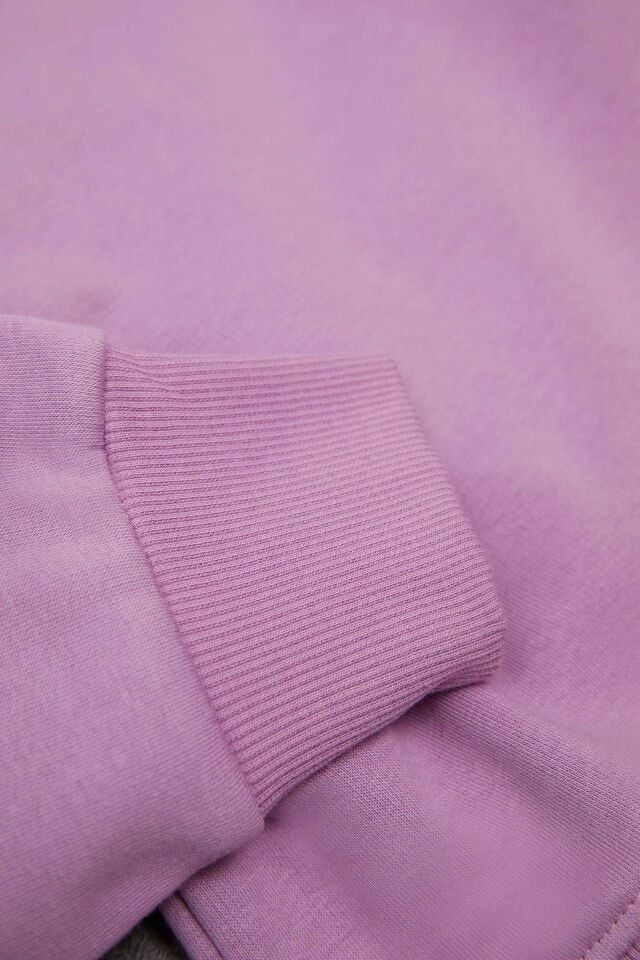 Kız Çocuk Lila Relax Fit Bisiklet Yaka Pamuklu Basic Düz Okul Sweatshirt