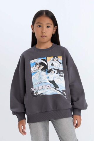 Kız Çocuk Oversize Geniş Kalıp Bisiklet Yaka Baskılı Sweatshirt