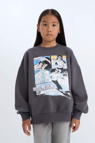 Kız Çocuk Oversize Geniş Kalıp Bisiklet Yaka Baskılı Sweatshirt