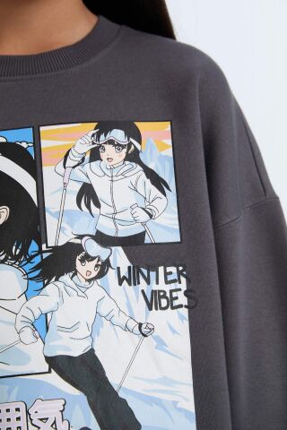 Kız Çocuk Oversize Geniş Kalıp Bisiklet Yaka Baskılı Sweatshirt