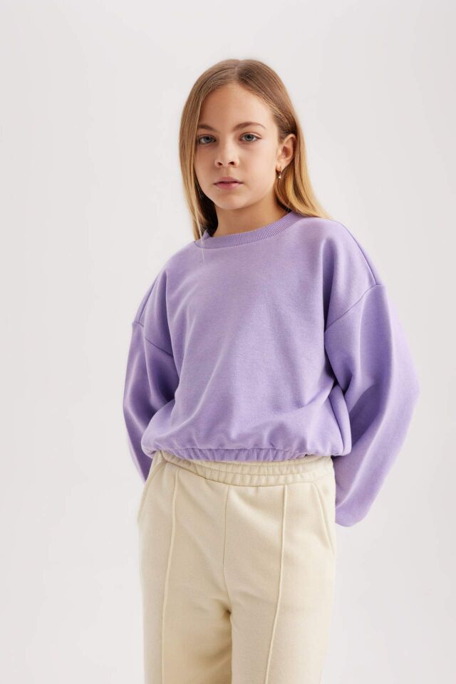 Kız Çocuk Bisiklet Yaka Basic Düz Sweatshirt