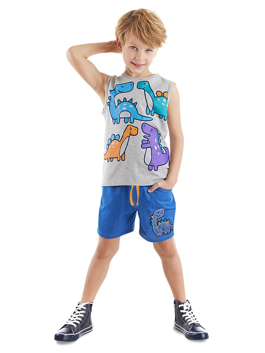 Renkli Dinolar Erkek Çocuk T-shirt Şort Takım 2 Y - Mavi, Açık Gri