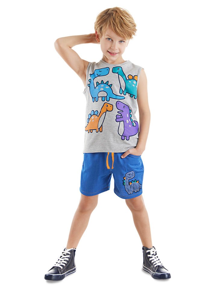 Renkli Dinolar Erkek Çocuk T-shirt Şort Takım 2 Y - Mavi, Açık Gri
