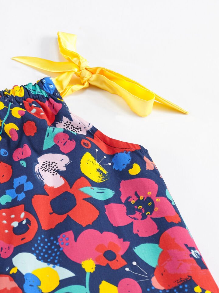 Bahar Çiçekli Kız Çocuk Elbise 5 Y - Lacivert Pembe