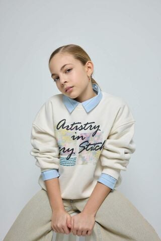 Kız Çocuk Oversize Geniş Kalıp Bisiklet Yaka Baskılı İçi Yumuşak Tüylü Sweatshirt