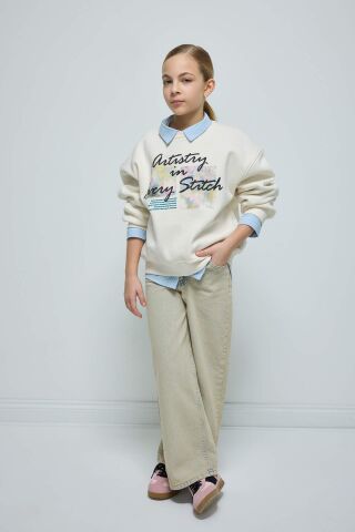 Kız Çocuk Oversize Geniş Kalıp Bisiklet Yaka Baskılı İçi Yumuşak Tüylü Sweatshirt
