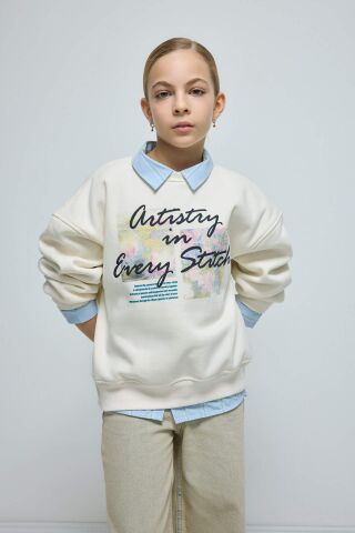 Kız Çocuk Oversize Geniş Kalıp Bisiklet Yaka Baskılı İçi Yumuşak Tüylü Sweatshirt
