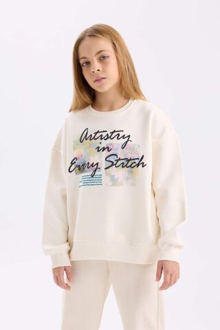 Kız Çocuk Oversize Geniş Kalıp Bisiklet Yaka Baskılı İçi Yumuşak Tüylü Sweatshirt