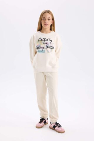 Kız Çocuk Oversize Geniş Kalıp Bisiklet Yaka Baskılı İçi Yumuşak Tüylü Sweatshirt