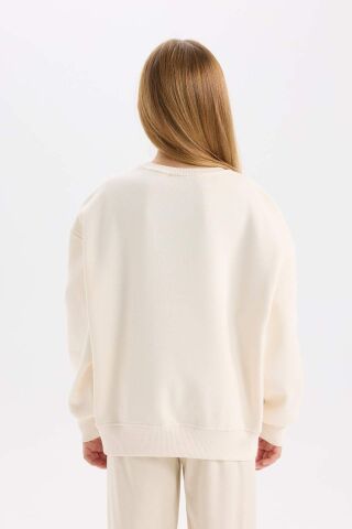 Kız Çocuk Oversize Geniş Kalıp Bisiklet Yaka Baskılı İçi Yumuşak Tüylü Sweatshirt