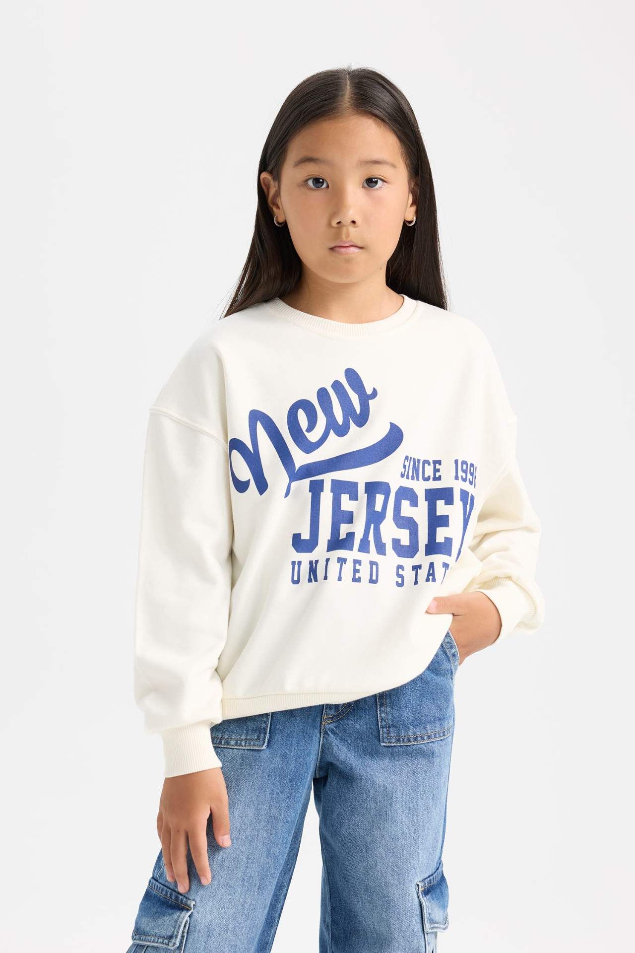 Kız Çocuk Relax Fit Bisiklet Yaka Baskılı Sweatshirt