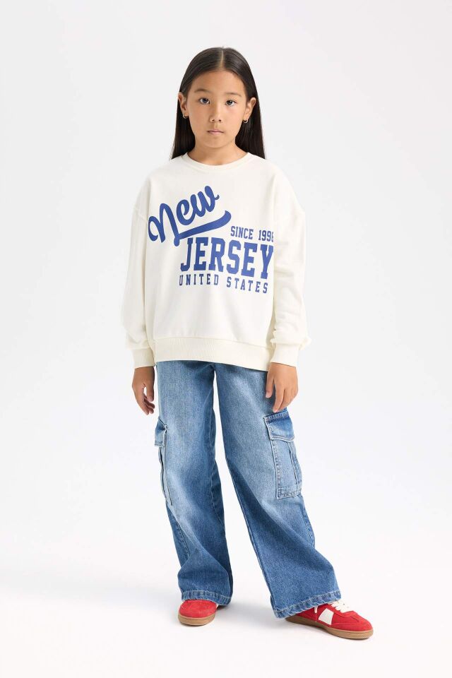 Kız Çocuk Relax Fit Bisiklet Yaka Baskılı Sweatshirt