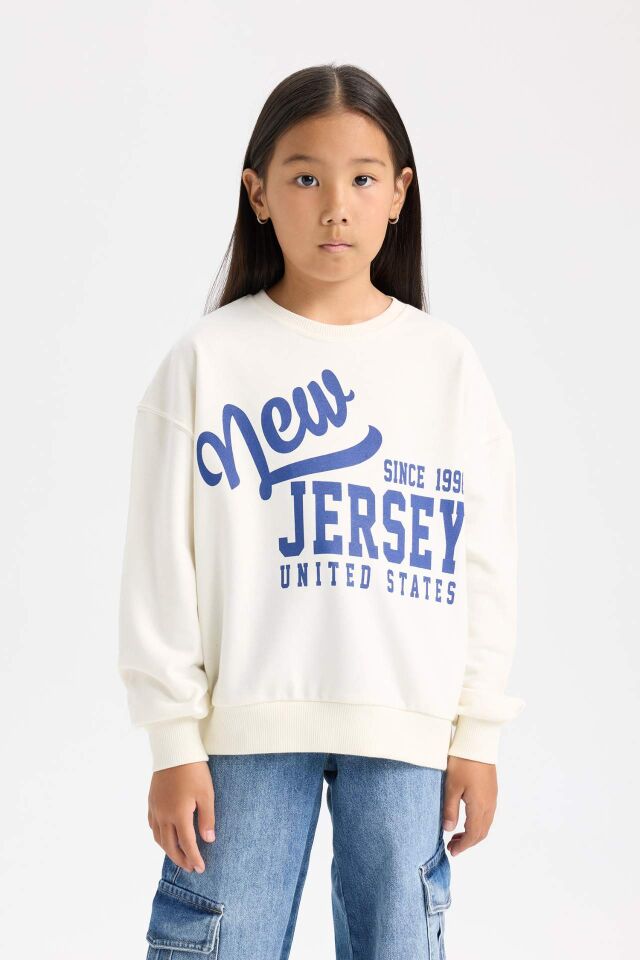 Kız Çocuk Relax Fit Bisiklet Yaka Baskılı Sweatshirt