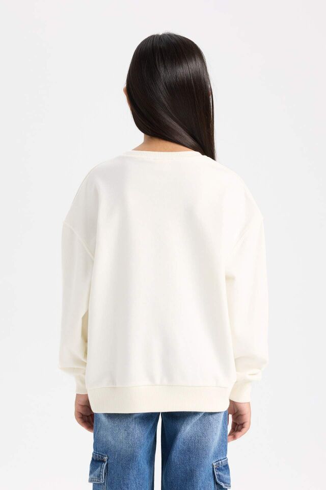 Kız Çocuk Relax Fit Bisiklet Yaka Baskılı Sweatshirt