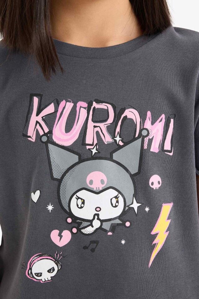 Kız Çocuk Kuromi Cropped Fit Bisiklet Yaka Ribana Kısa Kollu Tişört