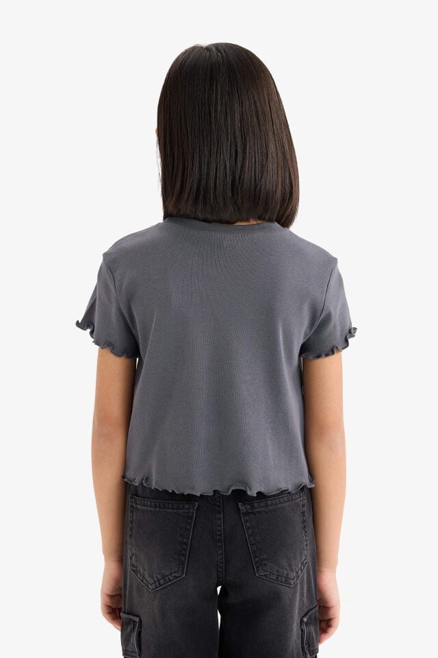Kız Çocuk Kuromi Cropped Fit Bisiklet Yaka Ribana Kısa Kollu Tişört