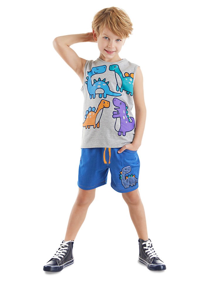 Renkli Dinolar Erkek Çocuk T-shirt Şort Takım 4 Y - Mavi, Açık Gri
