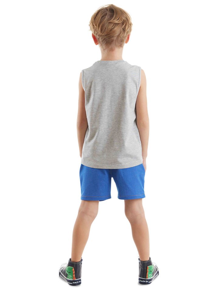 Renkli Dinolar Erkek Çocuk T-shirt Şort Takım 4 Y - Mavi, Açık Gri