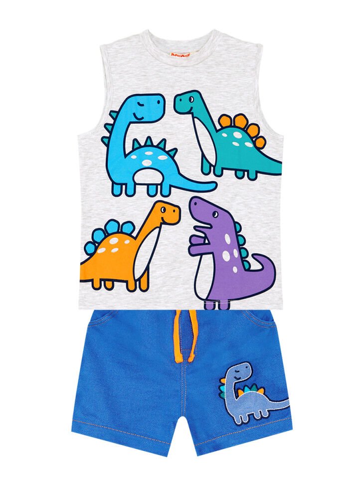 Renkli Dinolar Erkek Çocuk T-shirt Şort Takım 4 Y - Mavi, Açık Gri