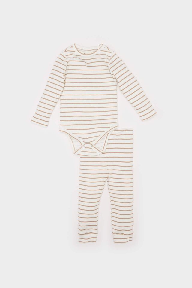 Erkek Bebek 2'li Takım Çizgili Fitilli Kaşkorse Uzun Kollu Çıtçıtlı Body Beli Lastikli Alt