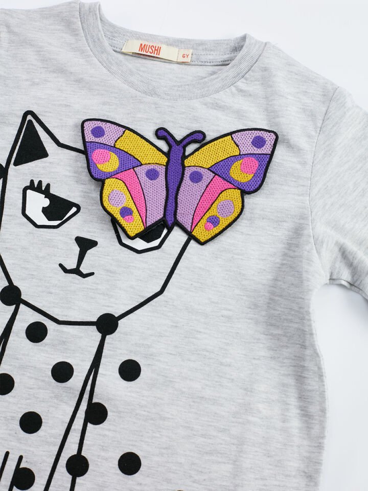Kelebek&Kedi Kız Çocuk T-shirt Tayt Takım 4 Y - Açık Gri, Mor