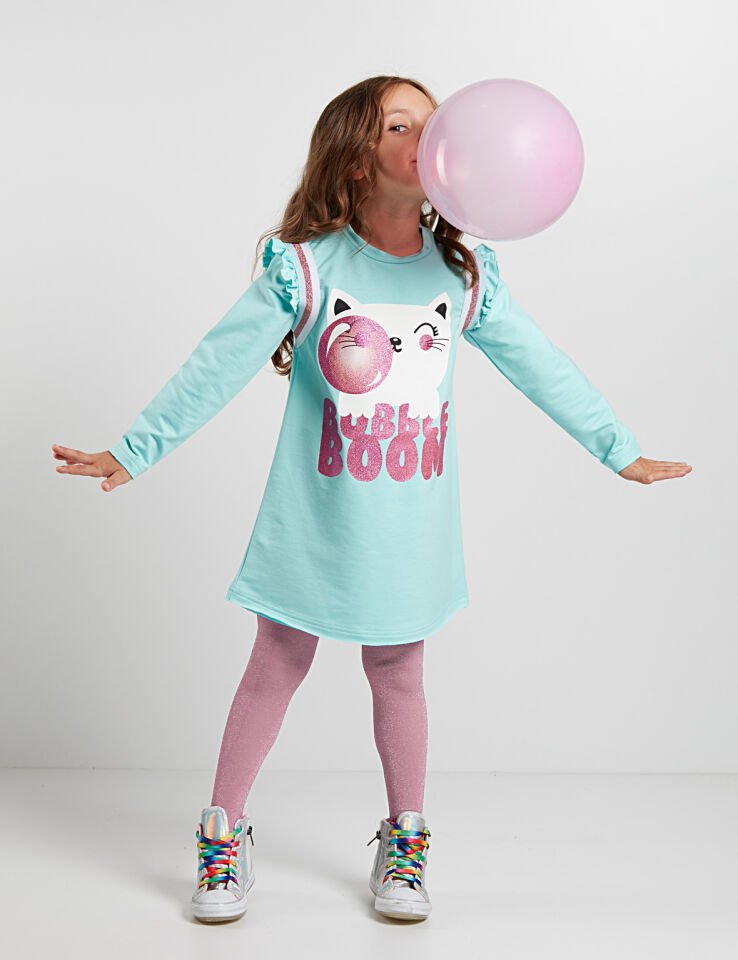 Sakızlı Kedi Kız Çocuk Mint Elbise 4 Y - Mint Pembe Beyaz