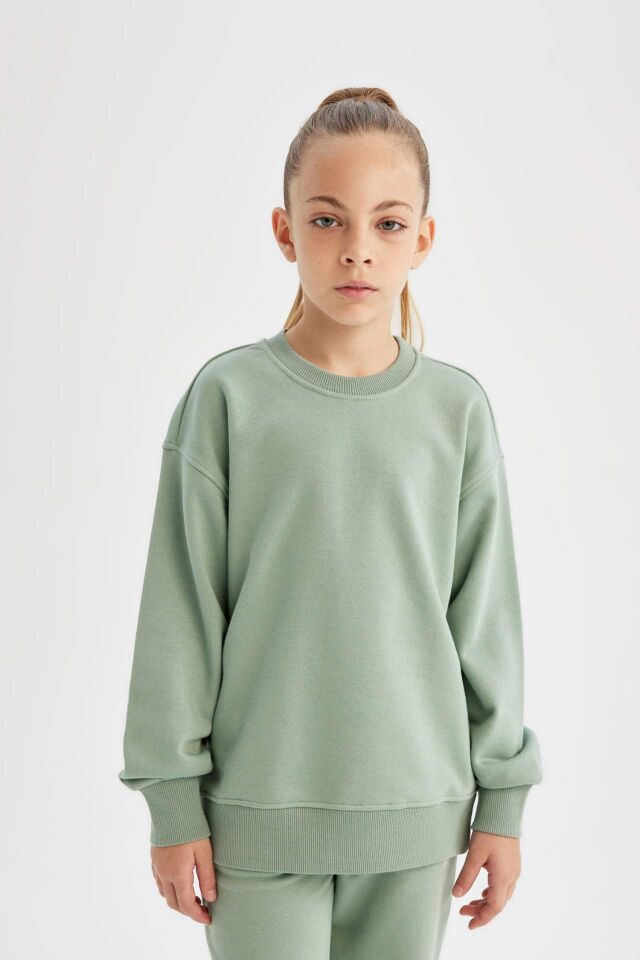 Kız Çocuk Relax Fit Bisiklet Yaka Pamuklu Basic Düz Okul Sweatshirt