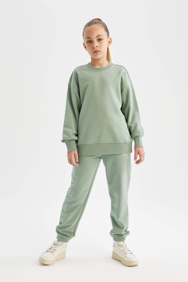 Kız Çocuk Relax Fit Bisiklet Yaka Pamuklu Basic Düz Okul Sweatshirt