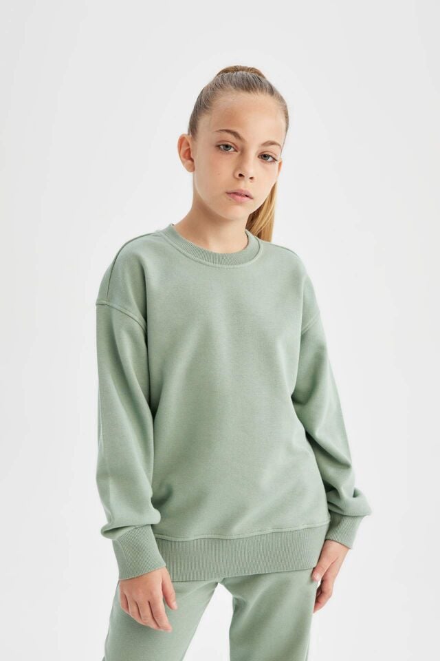 Kız Çocuk Relax Fit Bisiklet Yaka Pamuklu Basic Düz Okul Sweatshirt