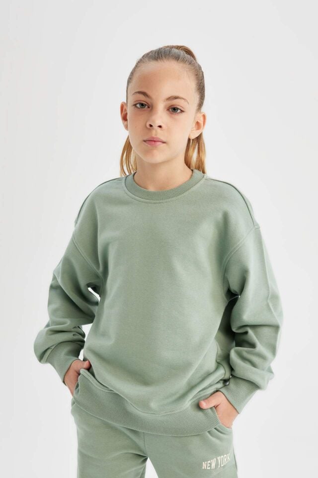 Kız Çocuk Relax Fit Bisiklet Yaka Pamuklu Basic Düz Okul Sweatshirt